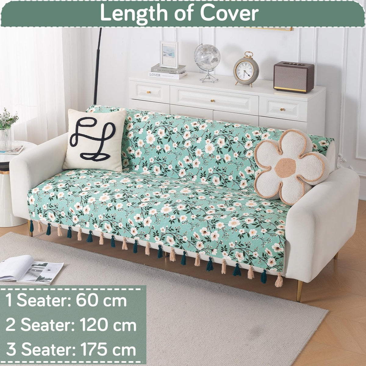 'Whispers of Nature' Series Holland Velvet Sofa Cover with Tassel, Sage Floral Vine