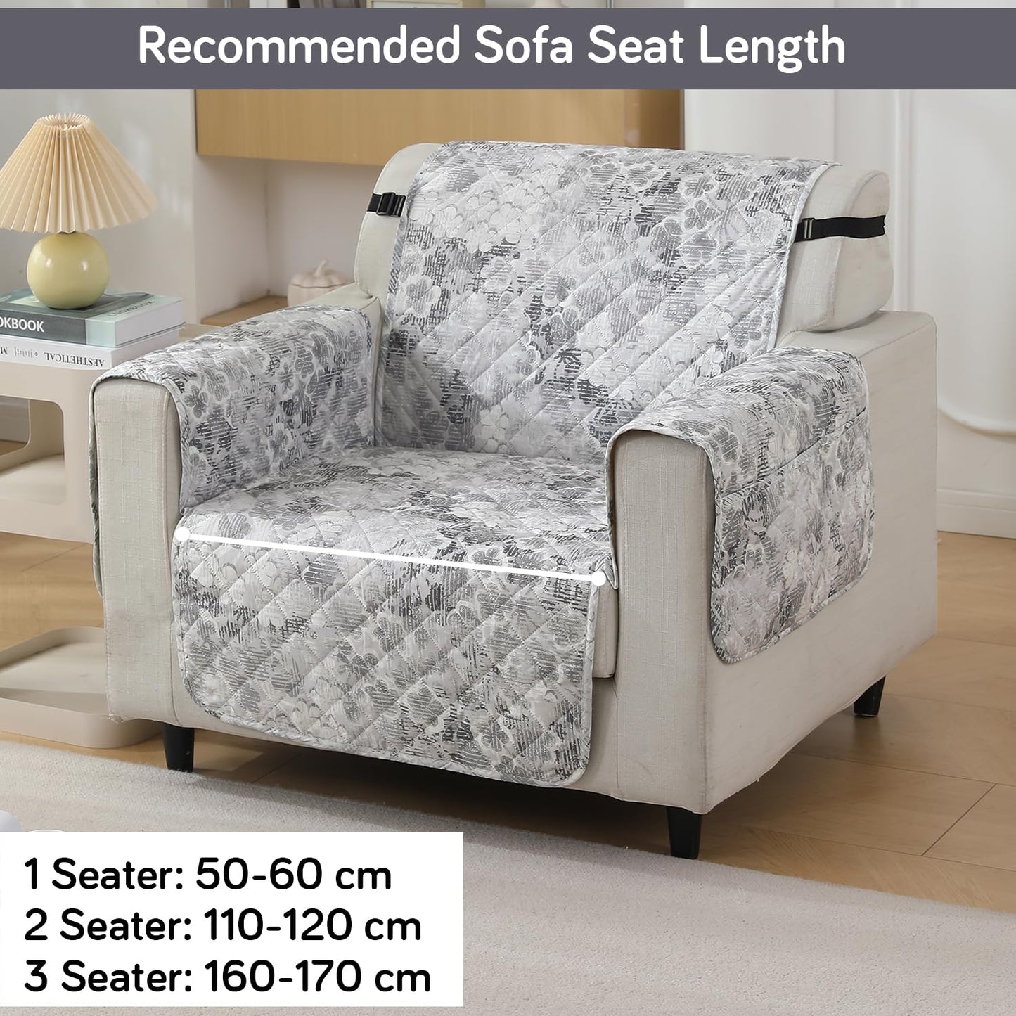 Quilted Waterproof Sofa Cover Mat with Pockets on Armrest Cover - Abstract Pale Grey