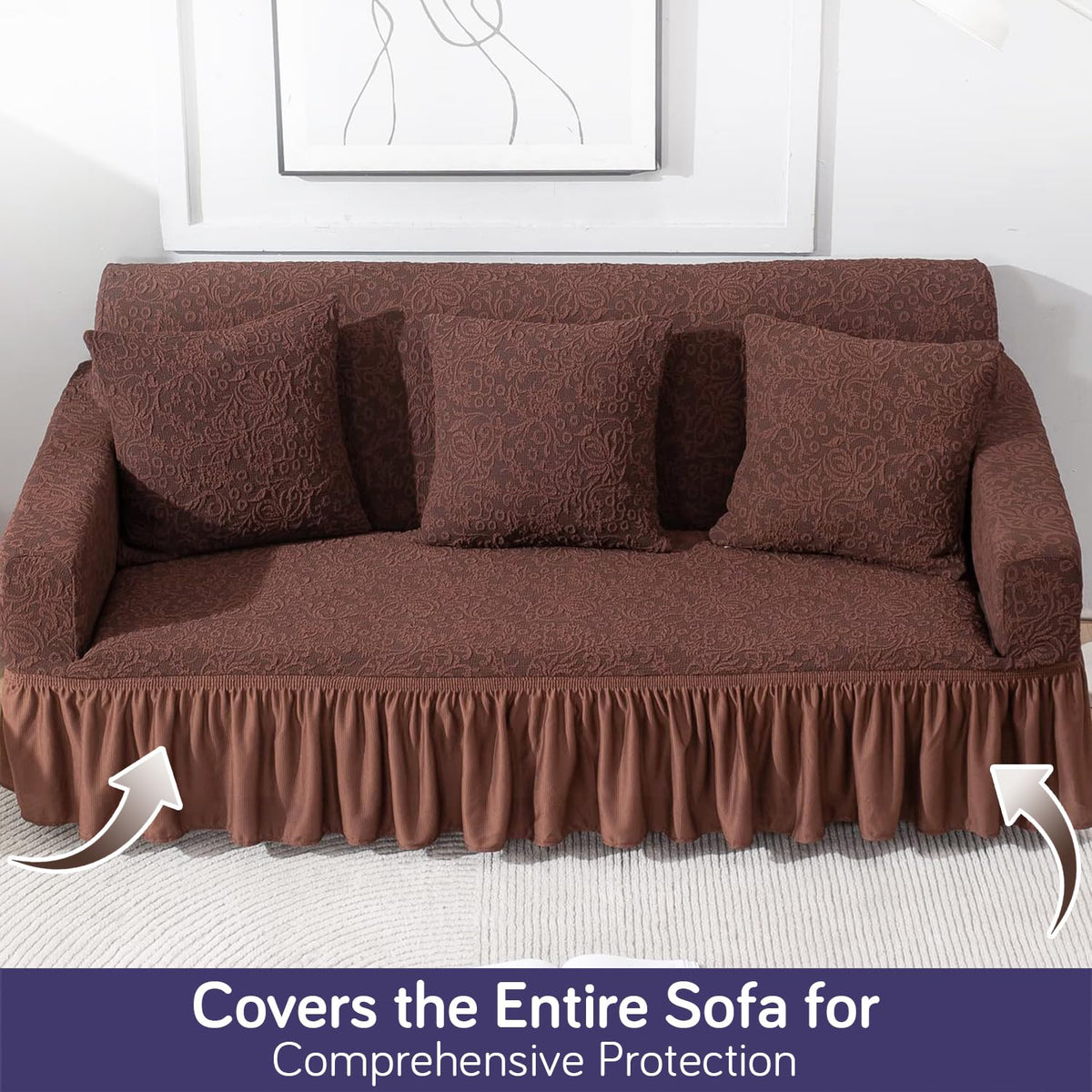 Elastic Stretchable Designer Woven Jacquard Sofa Cover with Frill , Pecan Brown