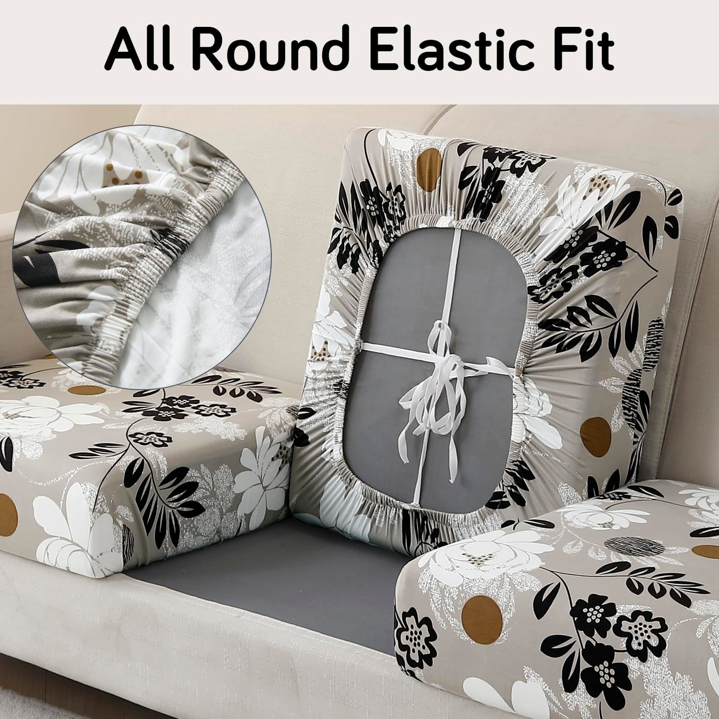 140 GSM Stretchable Printed Elastic Sofa Cushion Seat Cover for 1 /2 /3 Seaters / Pieces for Sofa, Feather Brown Floral