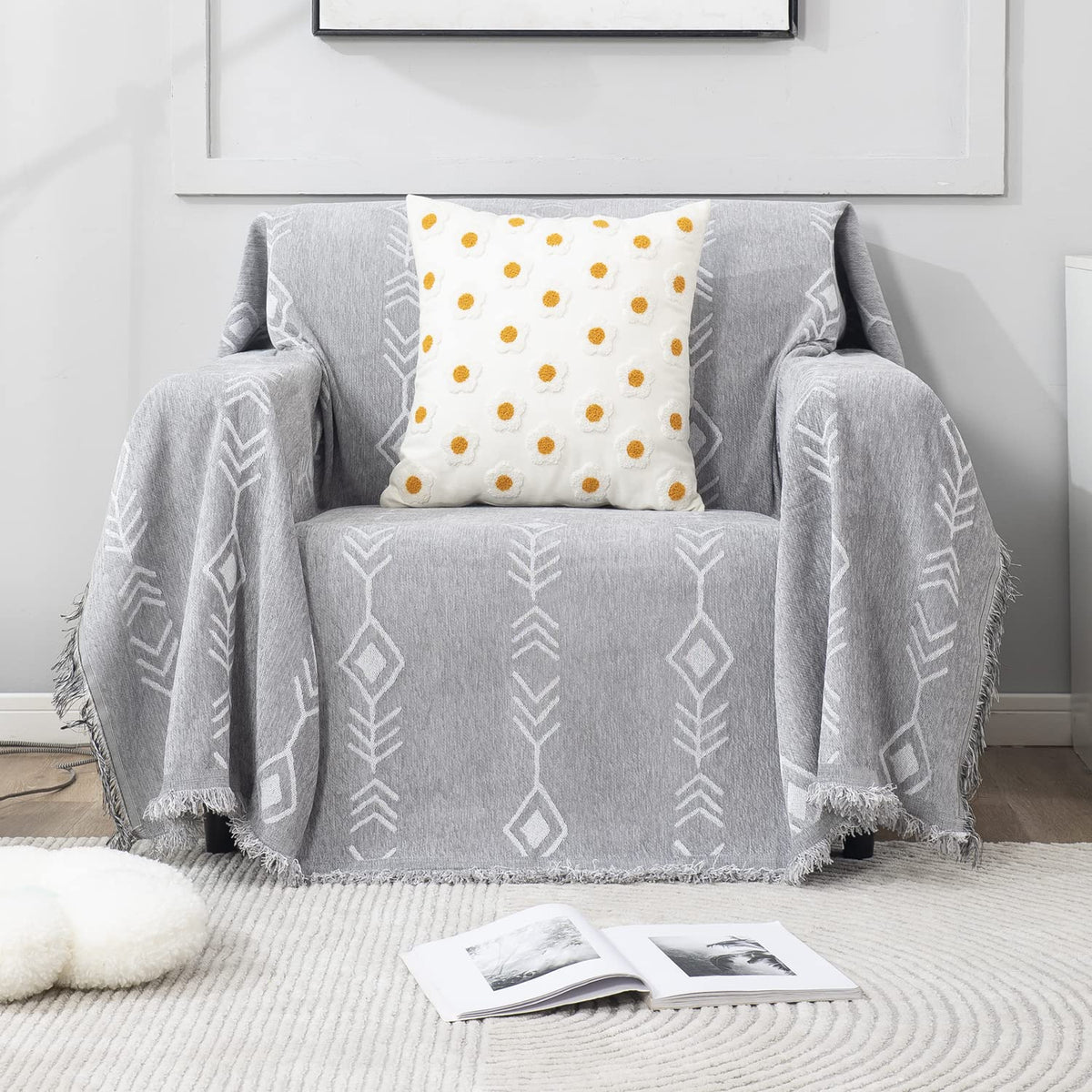 Thick, Soft and Pet Friendly Chenille Sofa Cover Throw, Grey Aztec