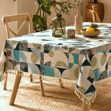 HOKIPO ShieldQuilt Table Cloth with Tassel Edge for 4/6 Seater, Aqua Geometry - image 1