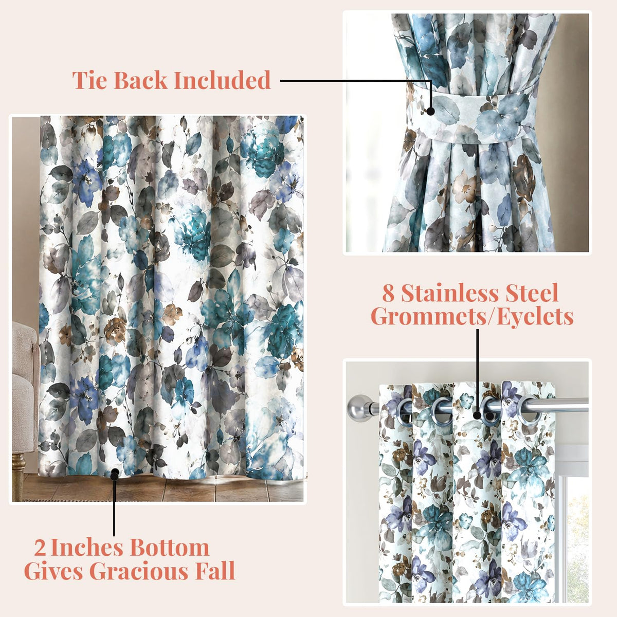 HOKIPO Bloomscape Eyelet Curtains, 7 Feet Long - Floral White - image 4
