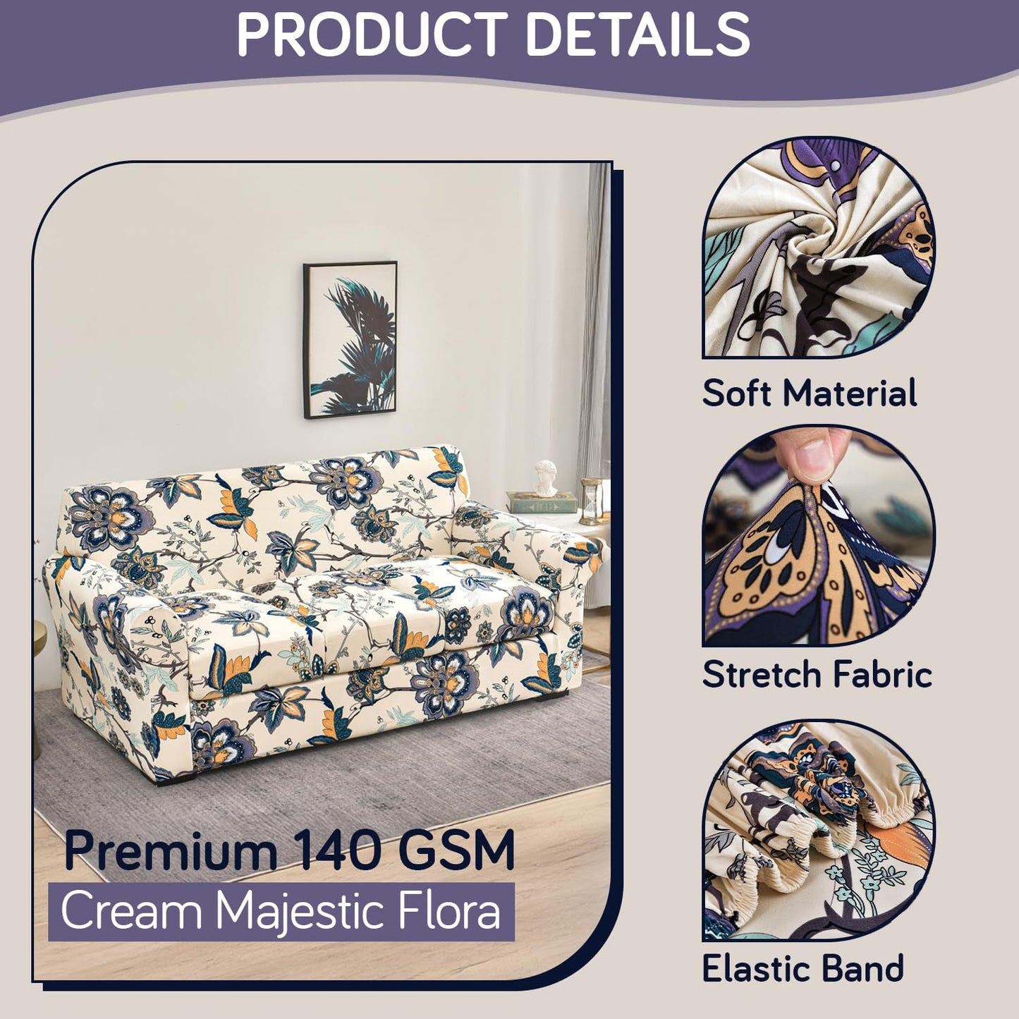 Printed Stretchable Sofa Slipcover with 1/2/3 Pc Separate Seat Cushion Cover for each 1/2/3 Seater, Cream Majestic Flora