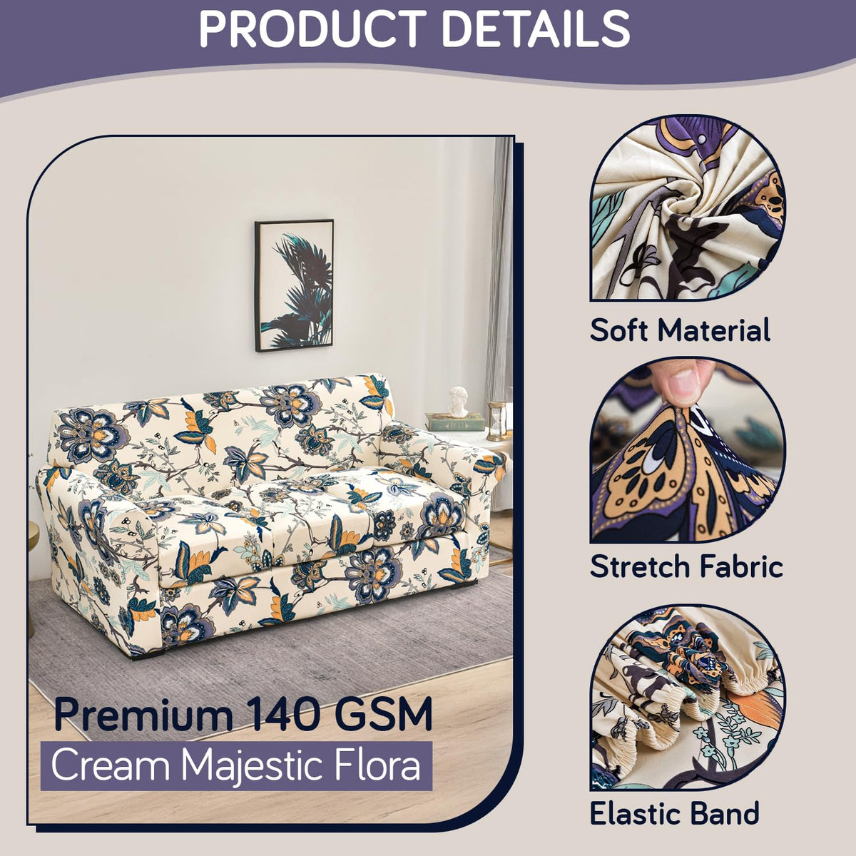 Printed Stretchable Sofa Slipcover with 1/2/3 Pc Separate Seat Cushion Cover for each 1/2/3 Seater, Cream Majestic Flora