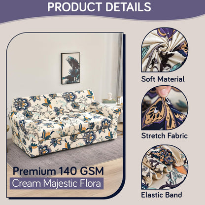 Printed Stretchable Sofa Slipcover with 1/2/3 Pc Separate Seat Cushion Cover for each 1/2/3 Seater, Cream Majestic Flora