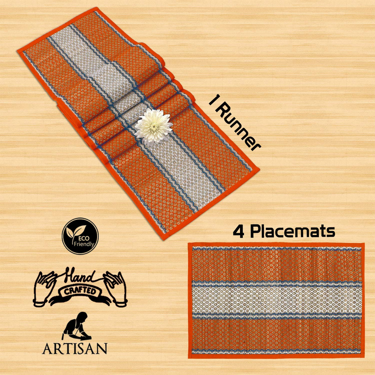 Handmade Madurkathi River Grass Dining Table Mats, Orange