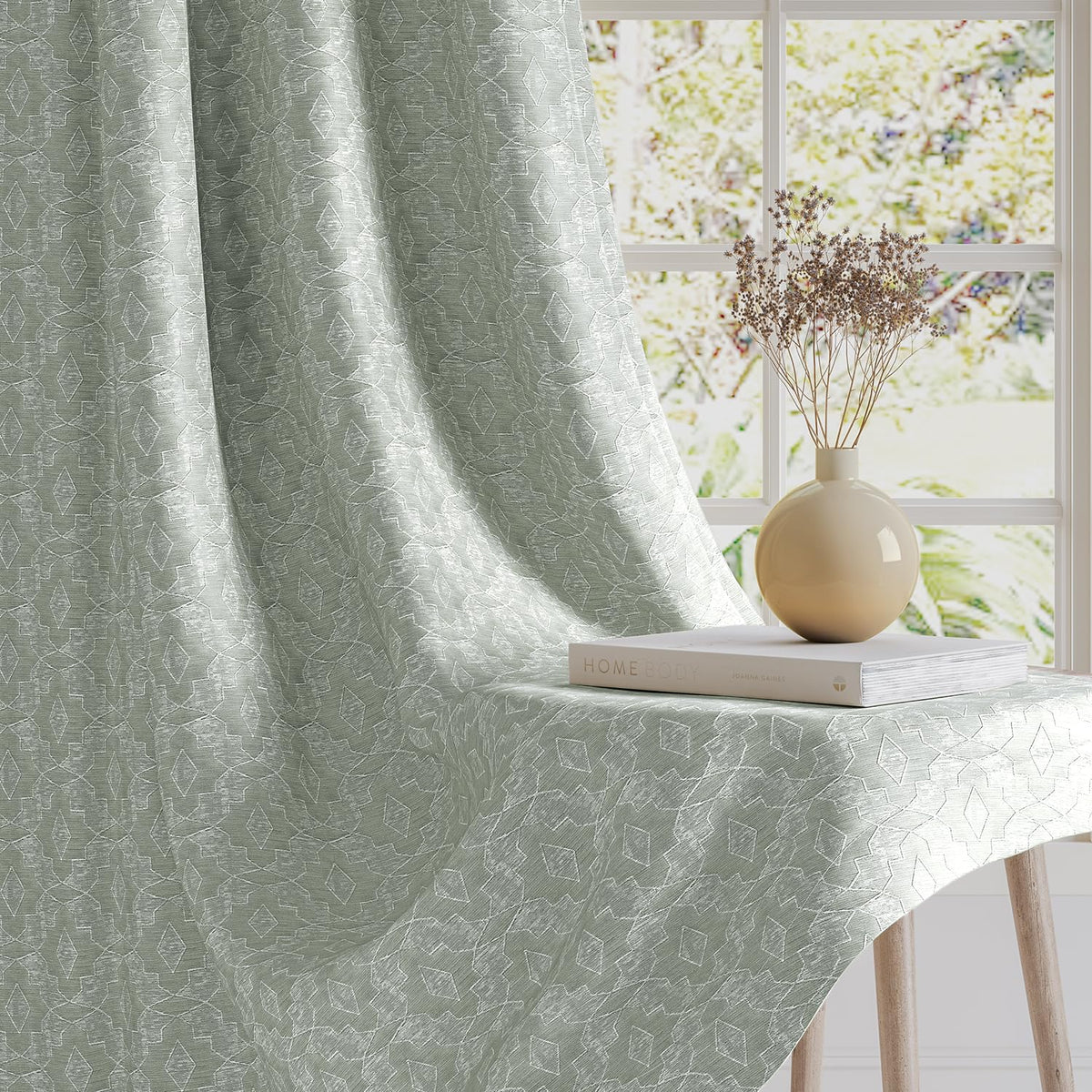 HOKIPO Marrakesh Jacquard Eyelet Curtains, 7 Feet Long - Mist Green