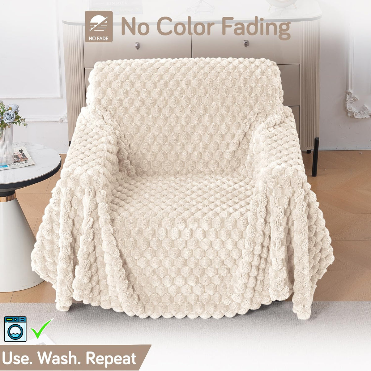 Luxury Rabbit Wool Plush Sofa Throw, Cream