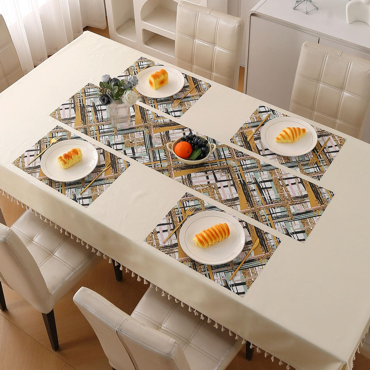 Marble Fusion PVC Mats for Dining Table, Crosshatch - Mustard Gold