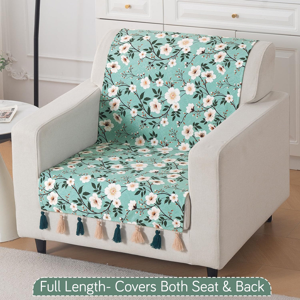 'Whispers of Nature' Series Holland Velvet Sofa Cover with Tassel, Sage Floral Vine