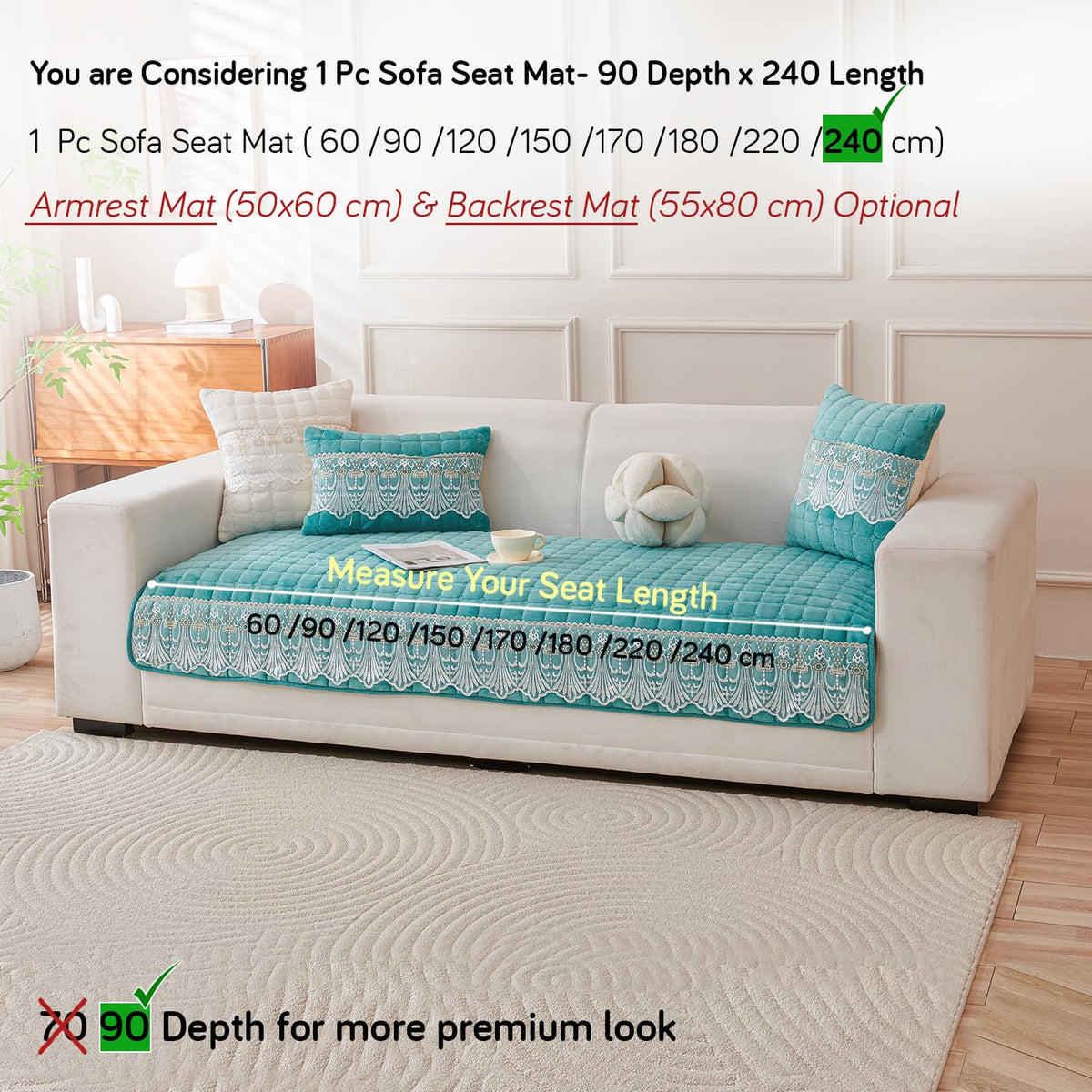 BelleLace Series Imperial Milk Velvet Sofa Cover Mat with Lace Design - Teal
