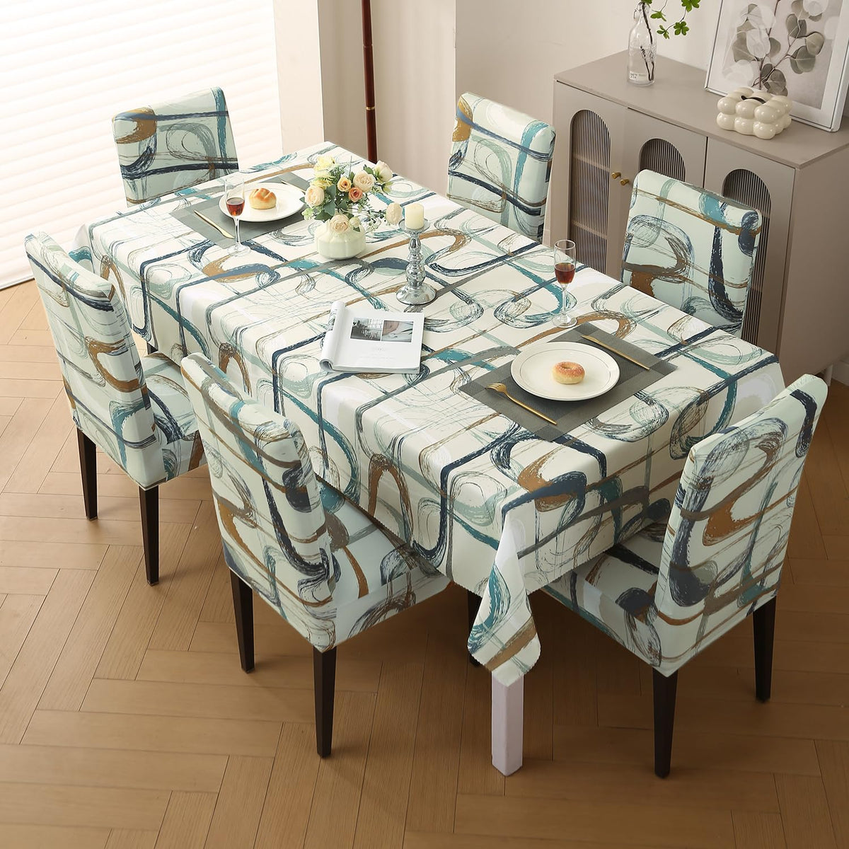 Elastic Dining Chair Covers with Matching Tablecloth, Parchement Beige Abstract Art