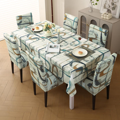 Elastic Dining Chair Covers with Matching Tablecloth, Parchement Beige Abstract Art