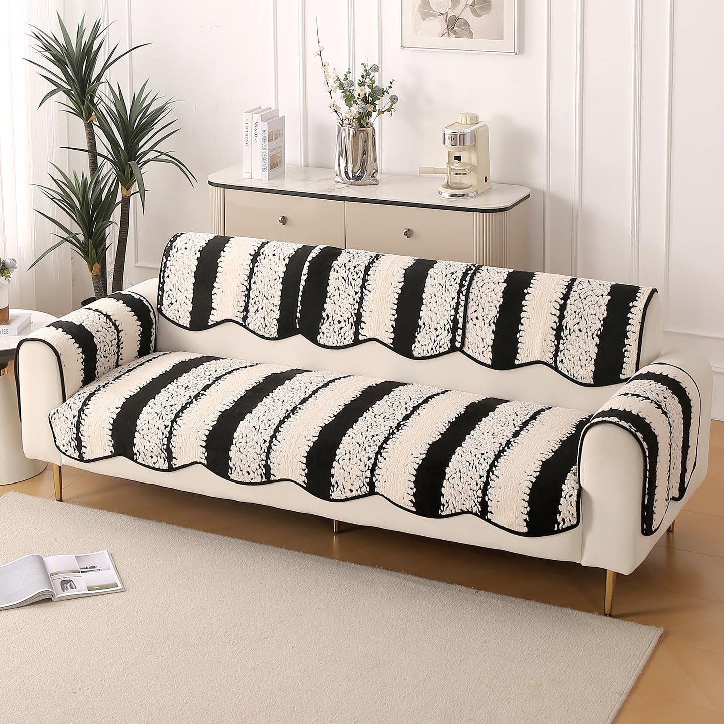 Luxury Sofa Cover Set | Seat, Back & Arm Covers | Anti-Slip Wavy Mat – Black