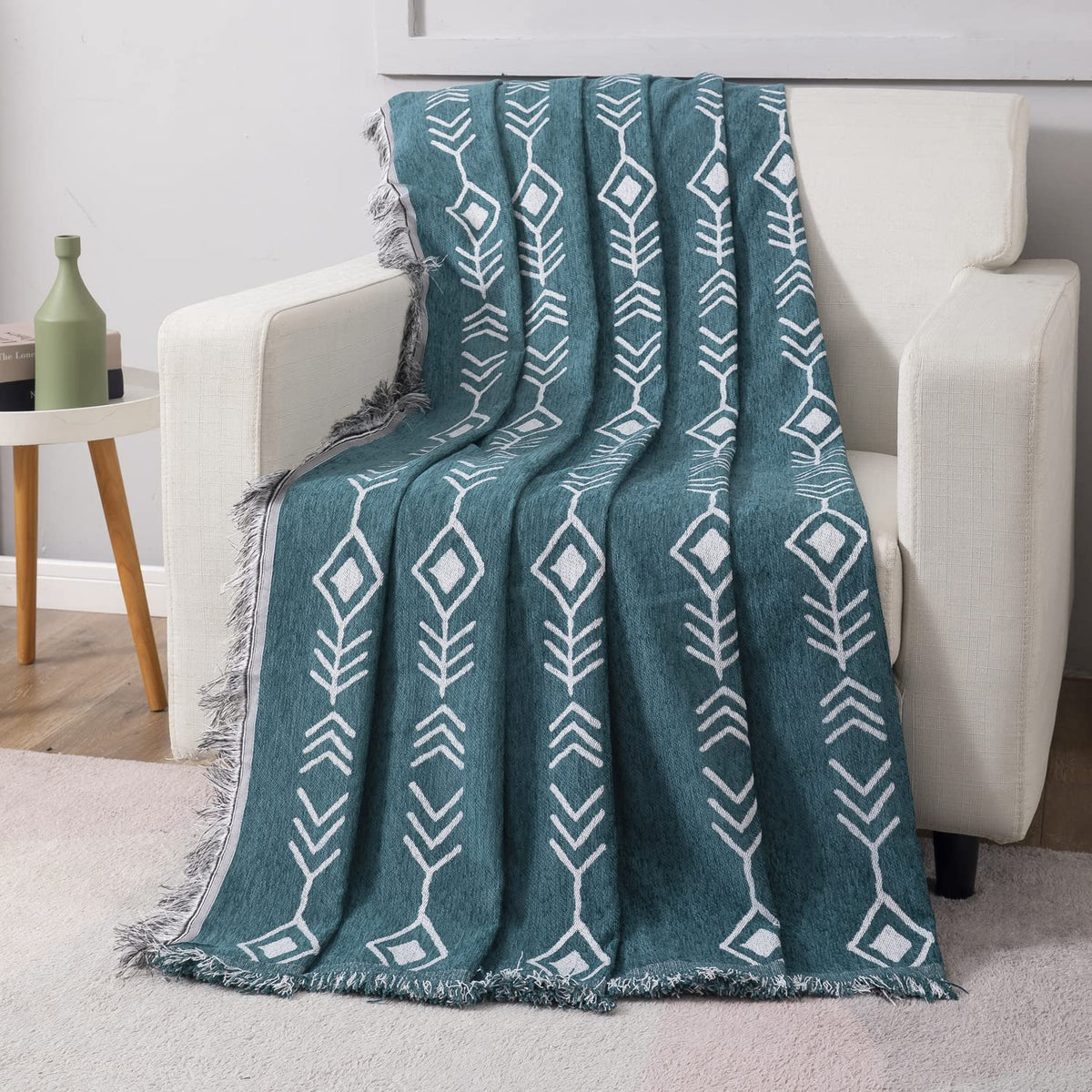 Thick, Soft and Pet Friendly Chenille Sofa Cover Throw, Teal Aztec