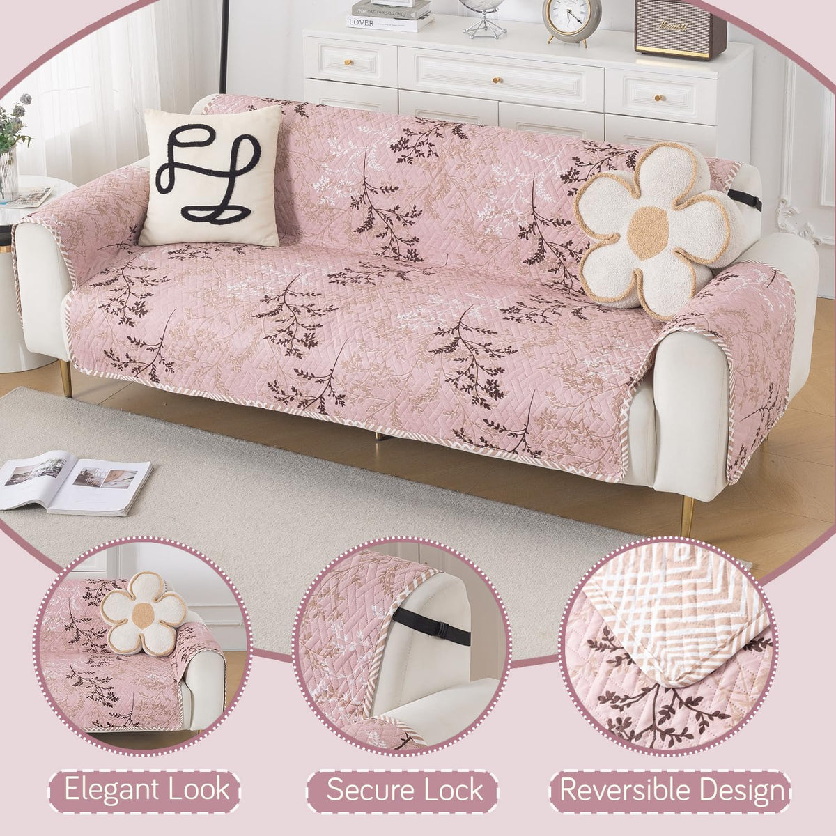 Easy Drape Reversible Quilted 5-Seater Sofa Cover (3+1+1), Blush Branch