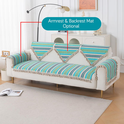 Artisan Boho 5-Seater Sofa Seat Mat with Tassels (3+1+1), Aqua Blue