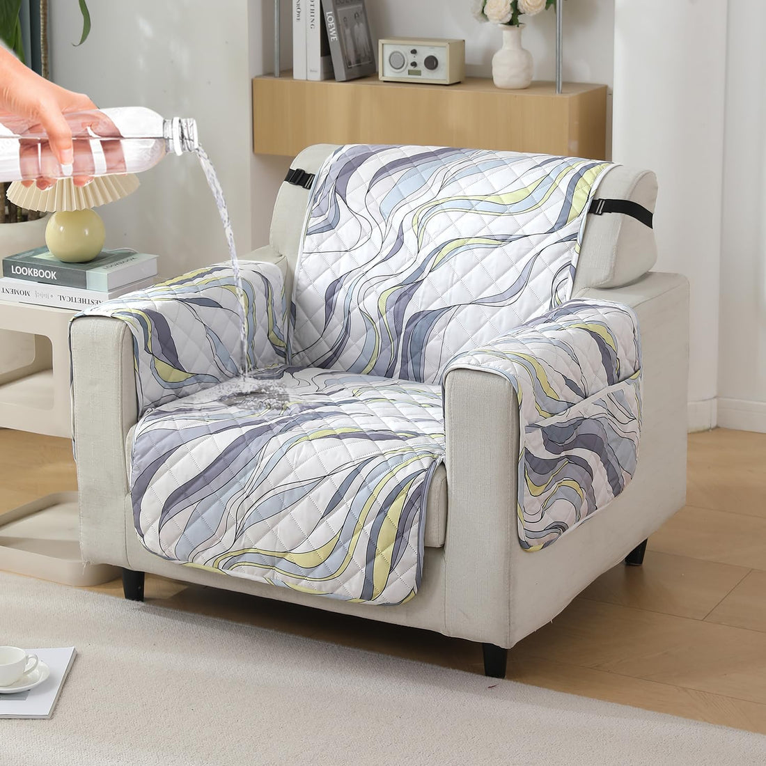 Curved Lines Pearl White print 1 seater quilted waterproof sofa cover | Hokipo