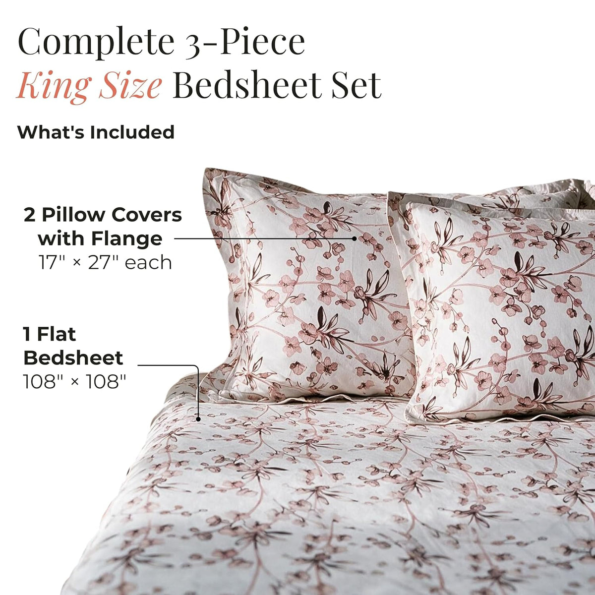 HOKIPO Cherry Blossom 300 TC Cotton Sateen Flat Bedsheet, King, Pink Cream - image 5