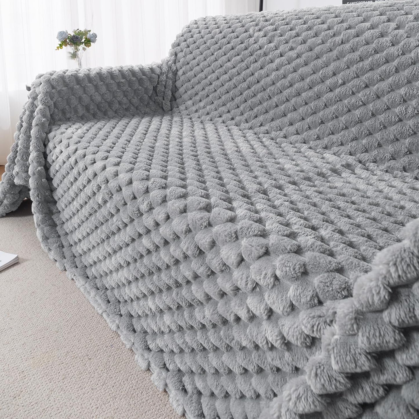 Luxury Rabbit Wool Plush Sofa Throw, Moon Grey