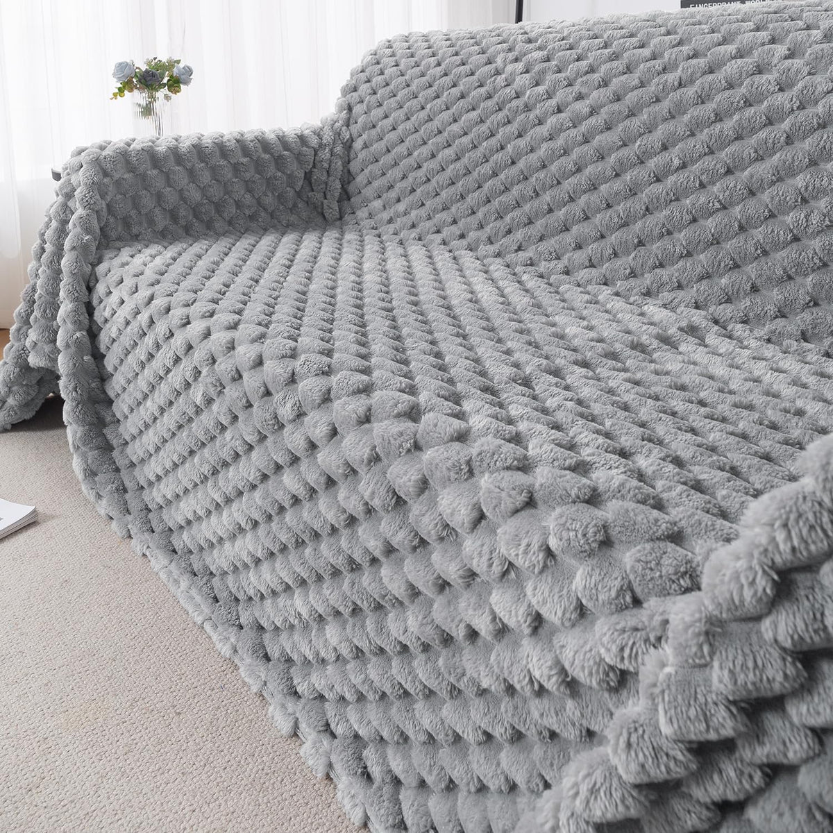 Luxury Rabbit Wool Plush Sofa Throw, Moon Grey