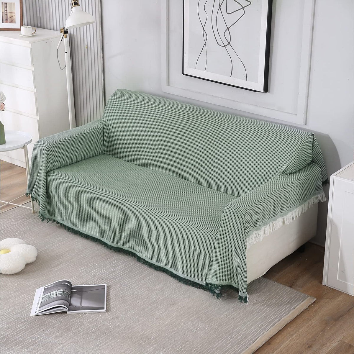 3 seater elegant Bottle Green colour polycotton sofa throw of size 180(D)x300(L)
