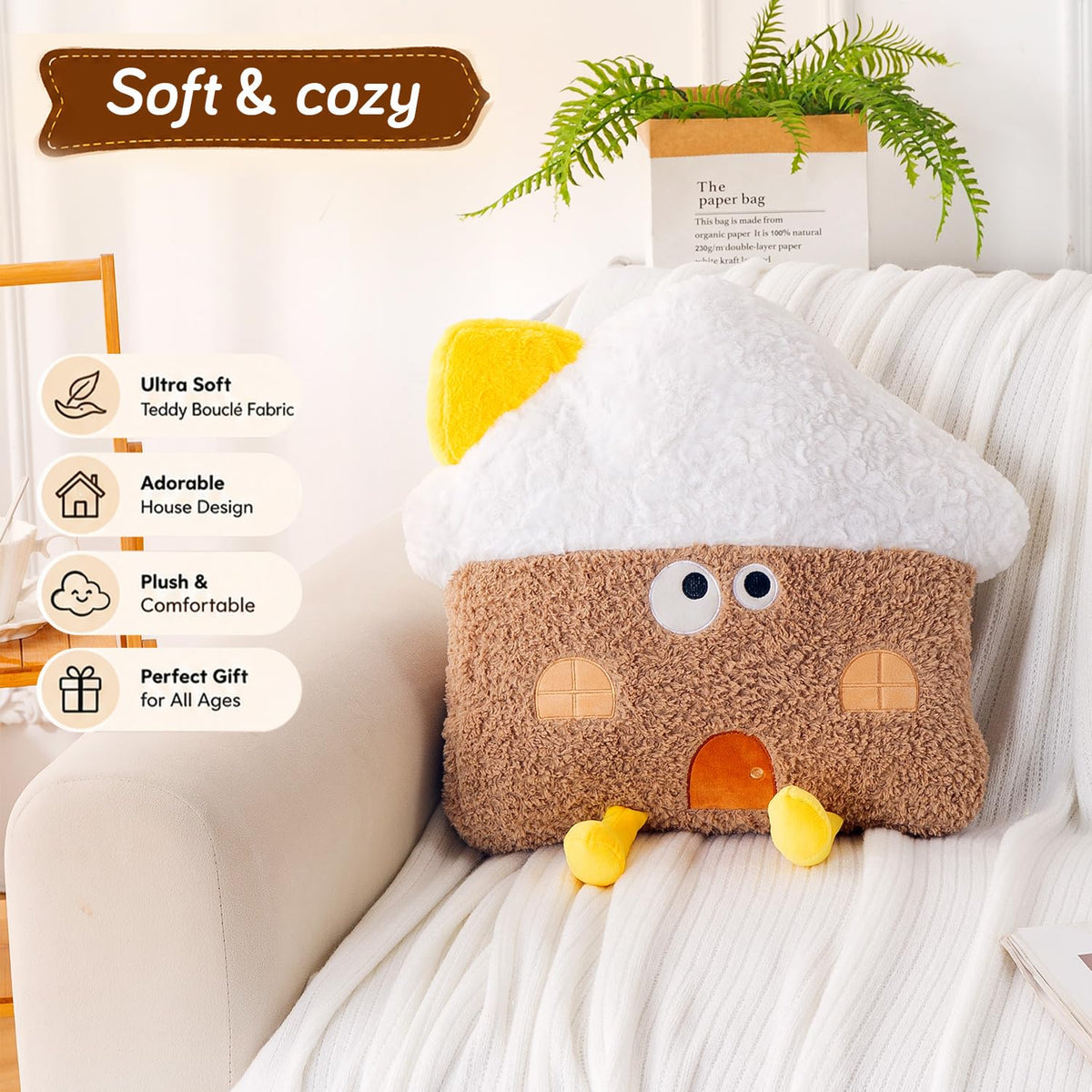 HOKIPO Mushroom House Shaped Cushion for Kids Room & Nursery, 46 cm, Brown
