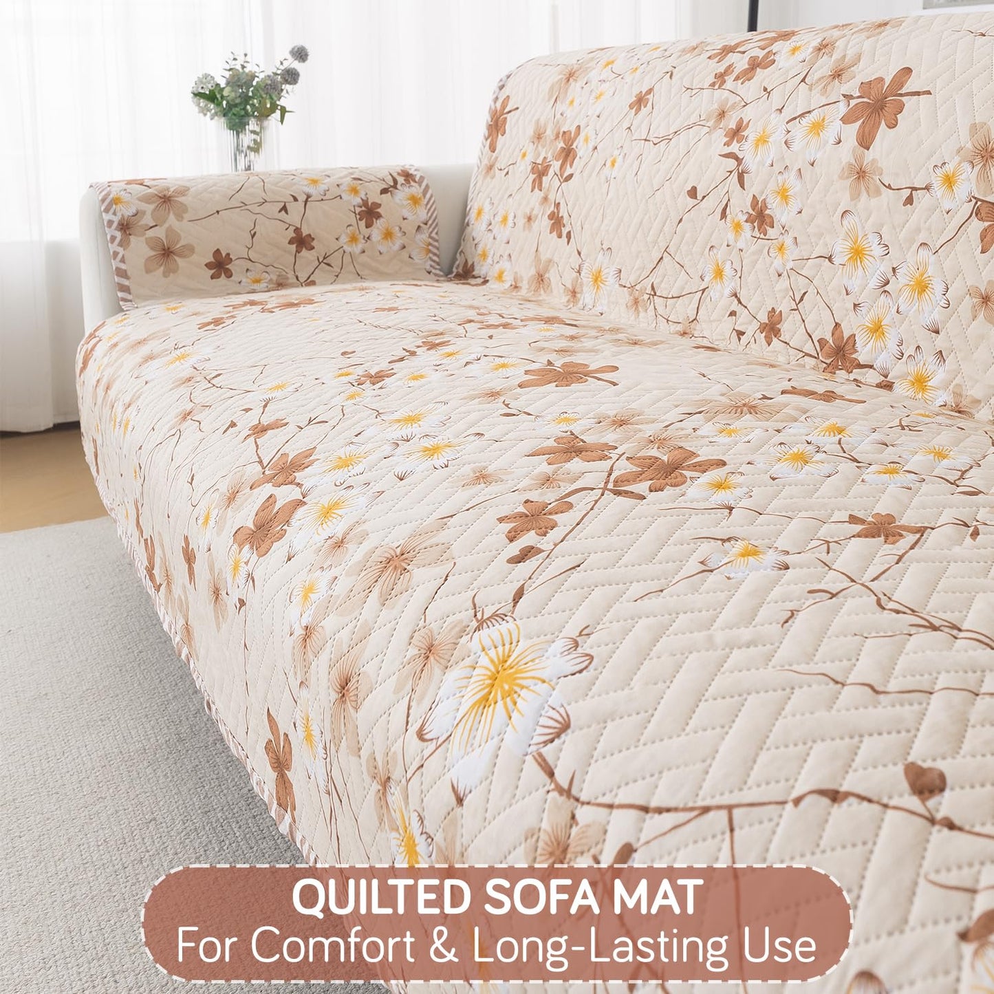 Easy Drape Reversible Quilted 5-Seater Sofa Cover (3+1+1), Golden Bloom
