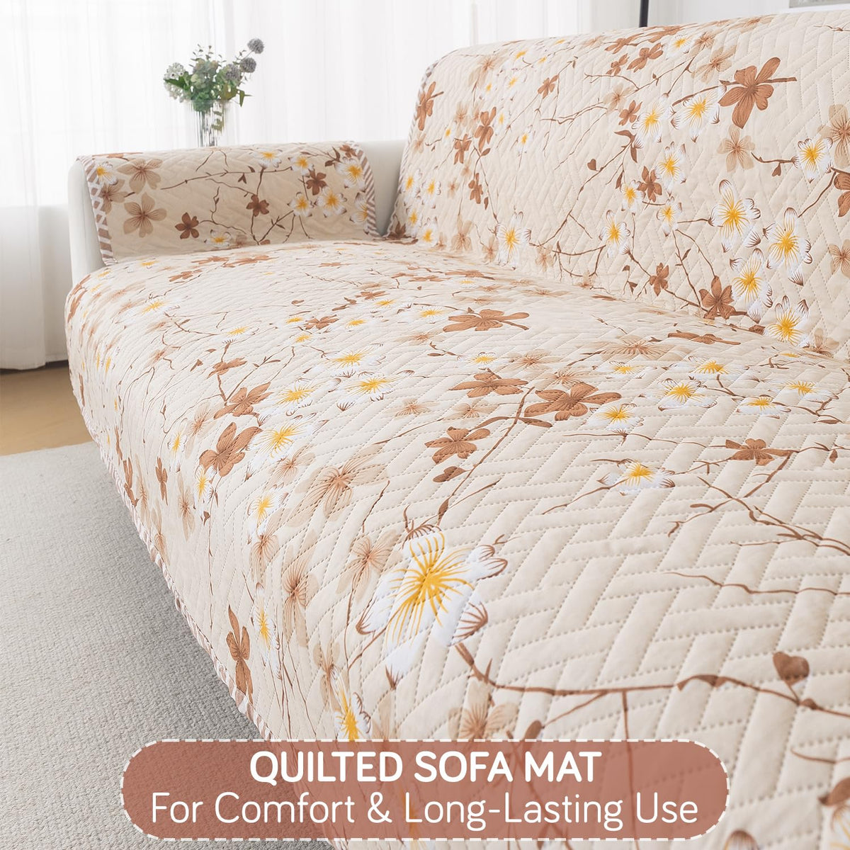 Easy Drape Reversible Quilted 5-Seater Sofa Cover (3+1+1), Golden Bloom