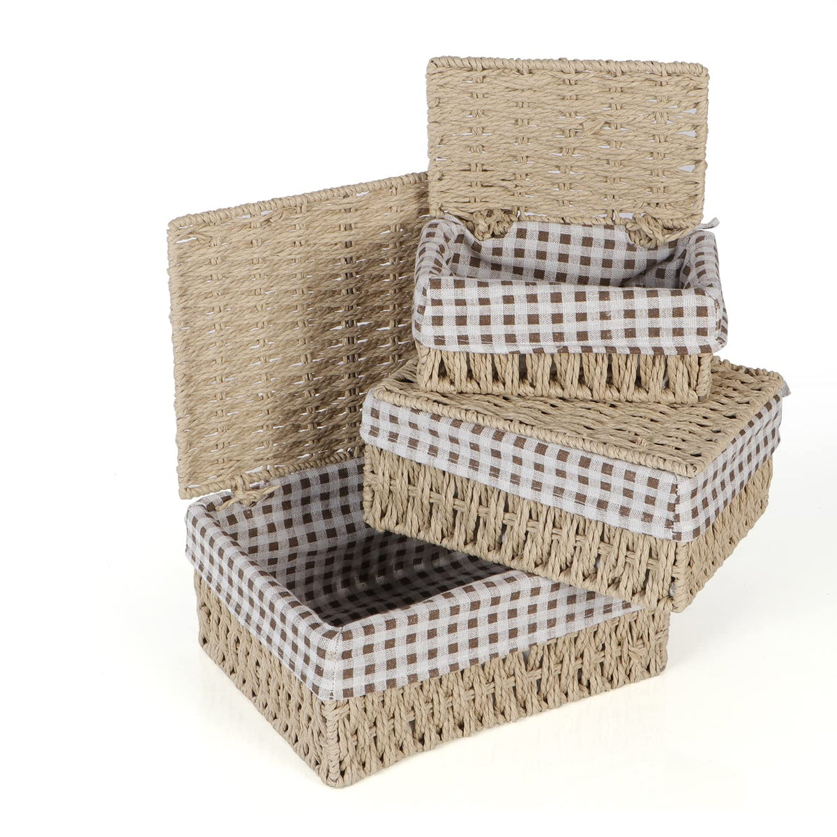 Environmental Friendly Paper Rope Wicker Storage Baskets with lid, Pack of 3, Beige