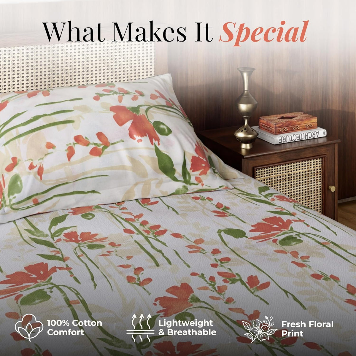 HOKIPO King Size Cotton Bedsheet, 2 Pillow Covers, Floral, Terracotta - image 4