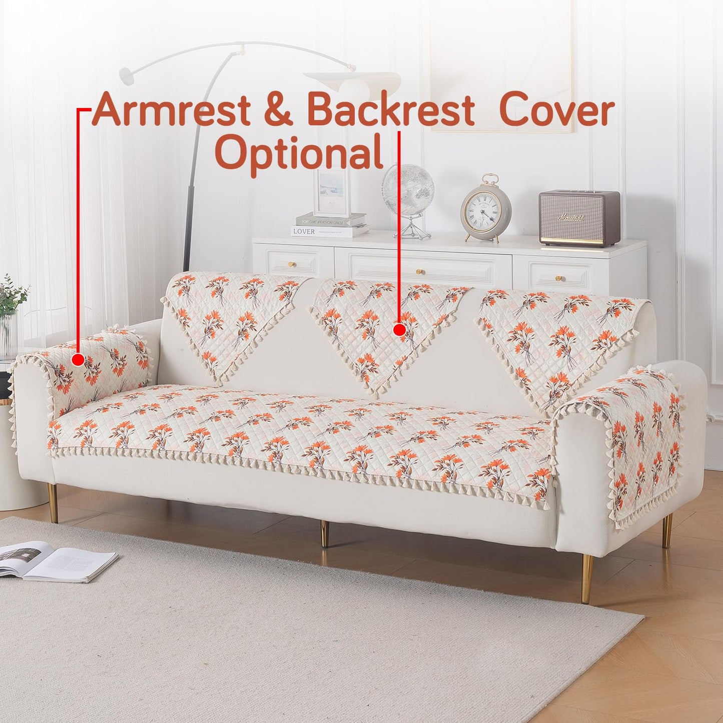 Quilted Sofa Seat Mat for 5-Seater Sofa (3+1+1), Tassel Twigs | Autumn Blossom