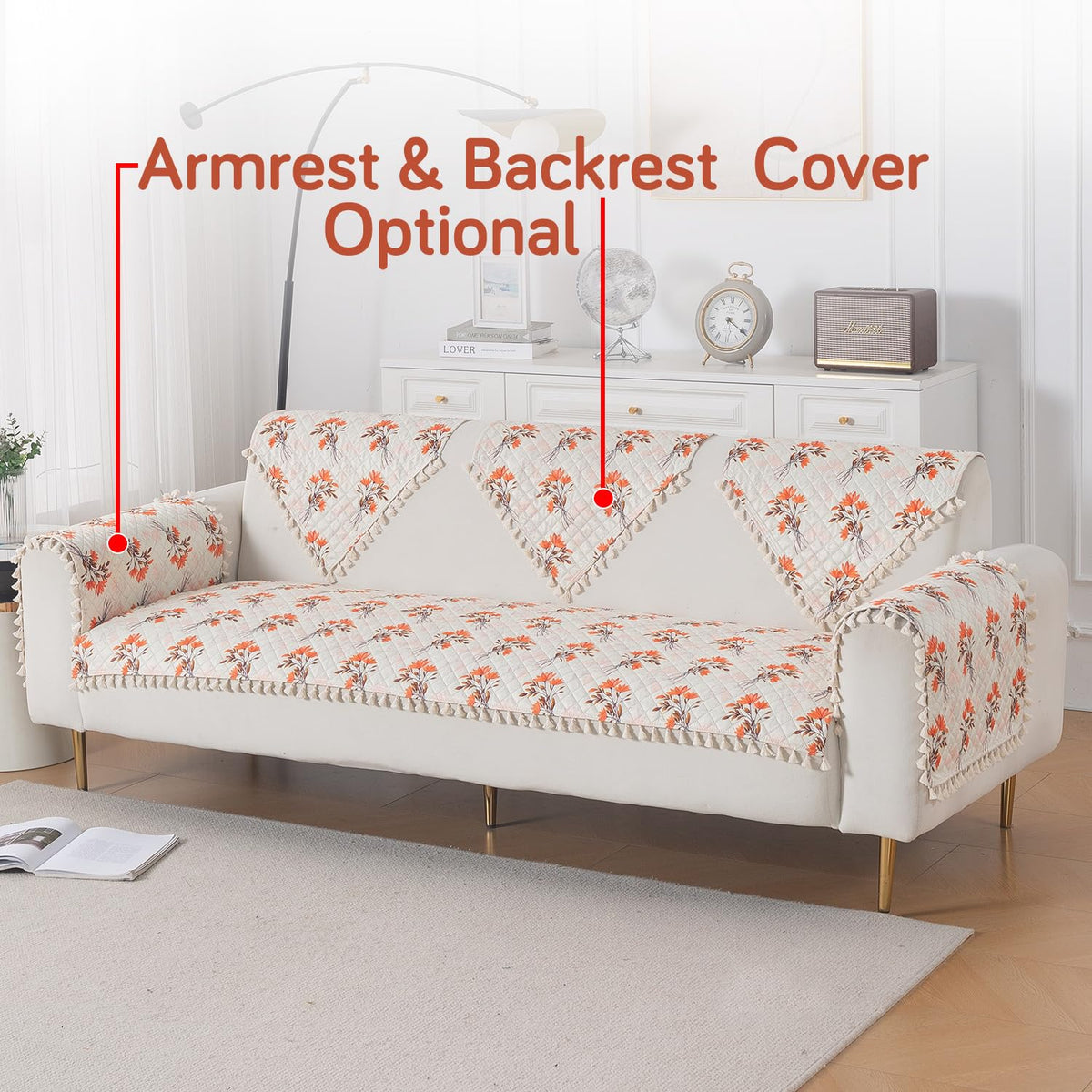 Quilted Sofa Seat Mat for 5-Seater Sofa (3+1+1), Tassel Twigs | Autumn Blossom
