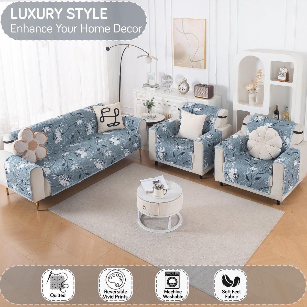 Easy Drape Reversible Quilted 5-Seater Sofa Cover (3+1+1), Blue Blossom