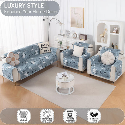 Easy Drape Reversible Quilted 5-Seater Sofa Cover (3+1+1), Blue Blossom