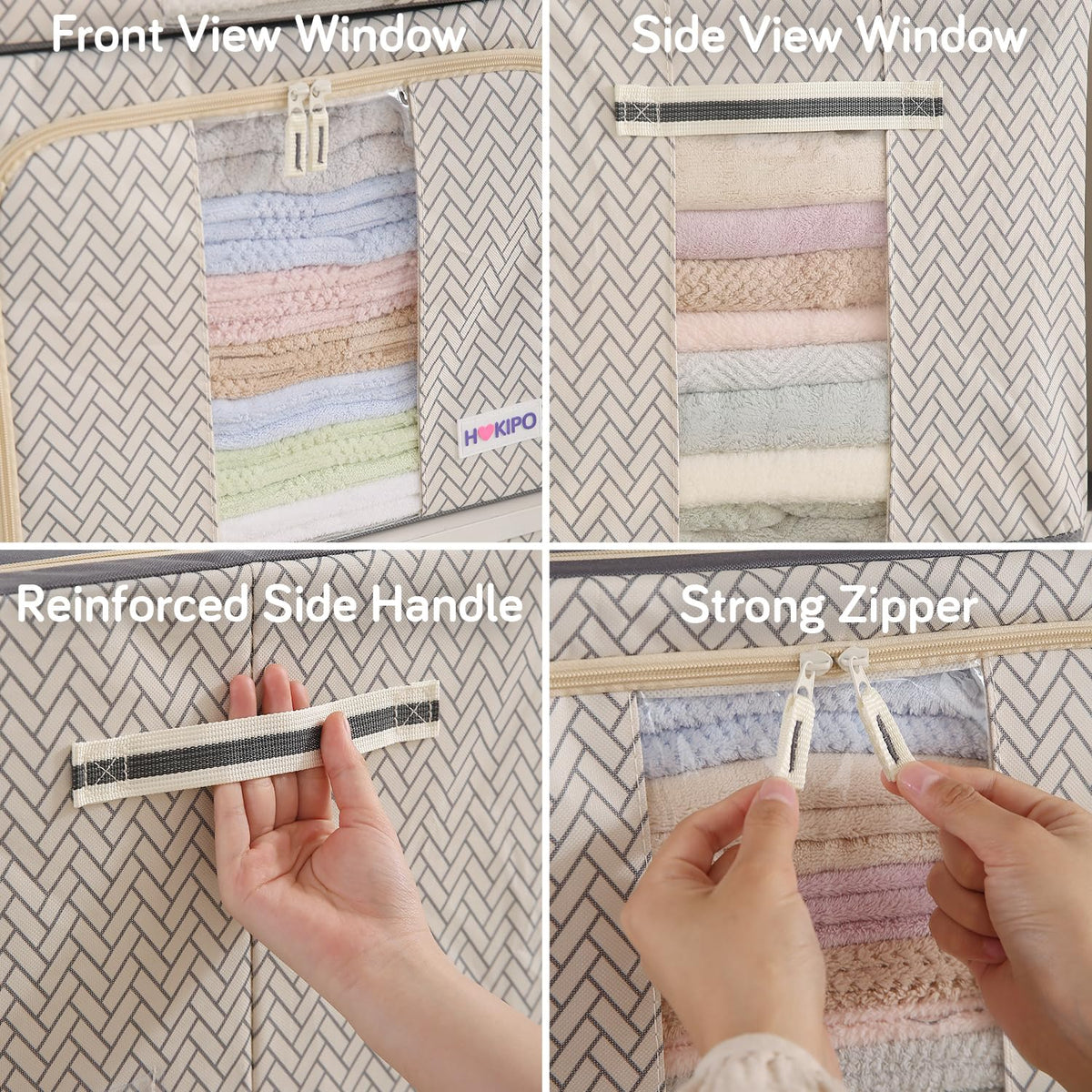 Wardrobe Organizer Storage Box | Foldable Cloth Storage Boxes with Metal Frame & Window | 600D Oxford Fabric, Cream Mist