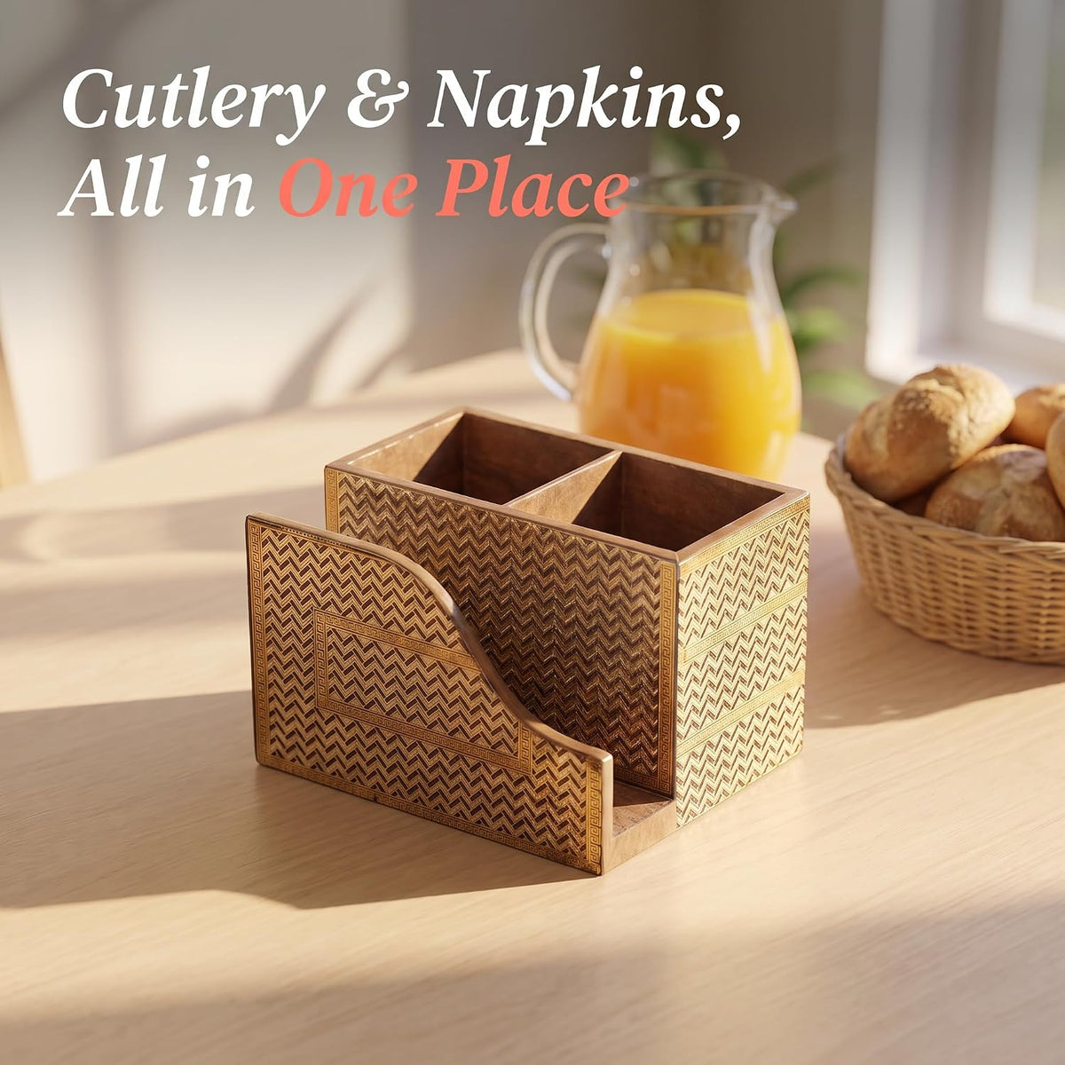 HOKIPO Cutlery Holder with Napkin Stand, Engineered Wood, Noir Chevron - image 7
