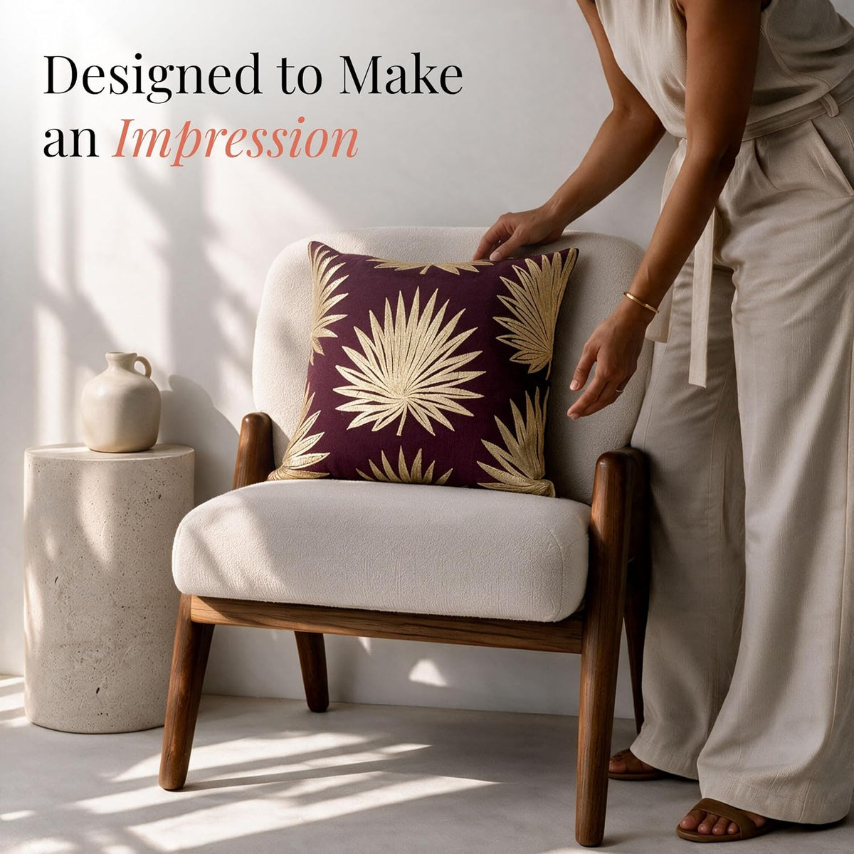 HOKIPO Embroidered Cushion Cover with Foil Print, Palm Leaf Burgundy, 16 x 16 in - image 2