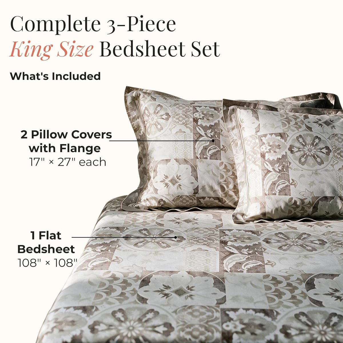 HOKIPO Suzani Patchwork 210 TC Cotton Sateen Flat Bedsheet, King Size, Sand - image 5