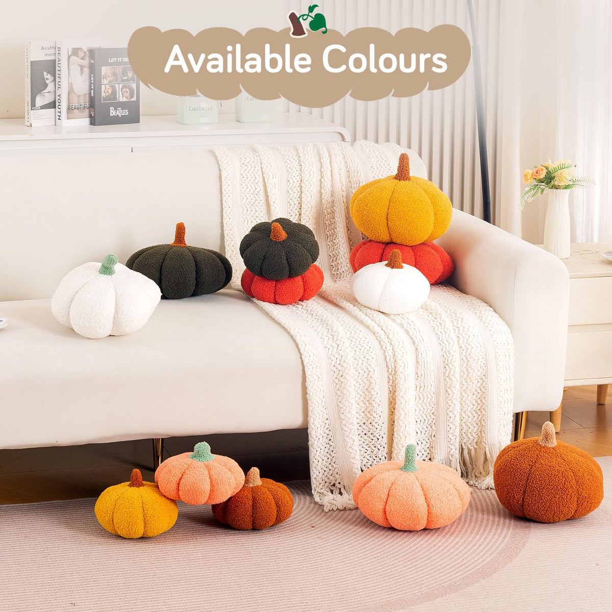 HOKIPO Pumpkin Shaped Plush Cushion for Autumn Decor, 19 cm, White
