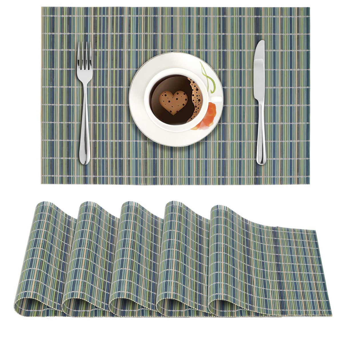 Buy Sea Green Stripes colour reversible bamboo table mats set of 6 | Hokipo
