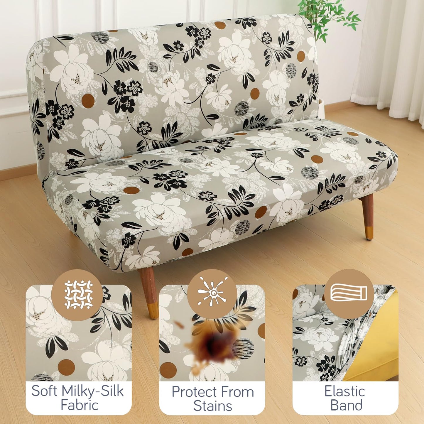 Elira Series Stretchable Elastic Armless Sofa Cover – 140 GSM, Futon Slipcover, Easy Fit, Feather Brown Floral
