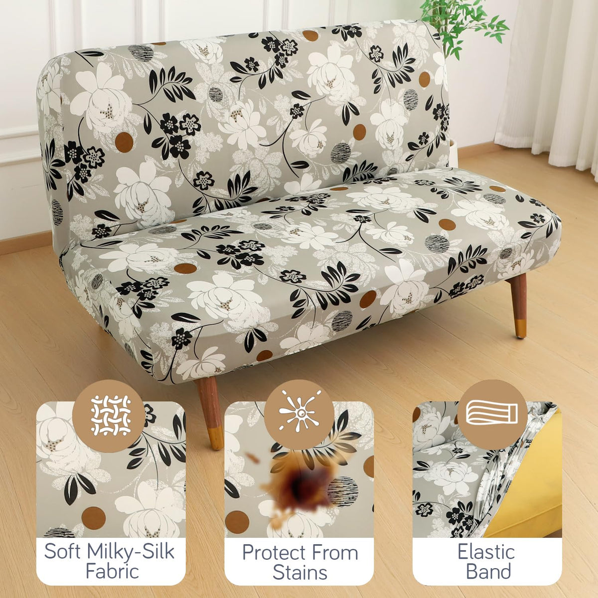 Buy Feather Brown Floral Printed sofa cum bed cover with soft milky-silk fabric, stain protection & secure elastic band fit | HOKIPO