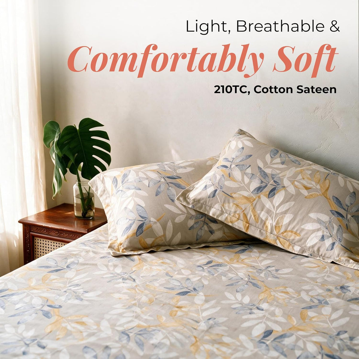 HOKIPO Botanical 210 TC Cotton Sateen Flat Bedsheet, King, Cream & Blue - image 2