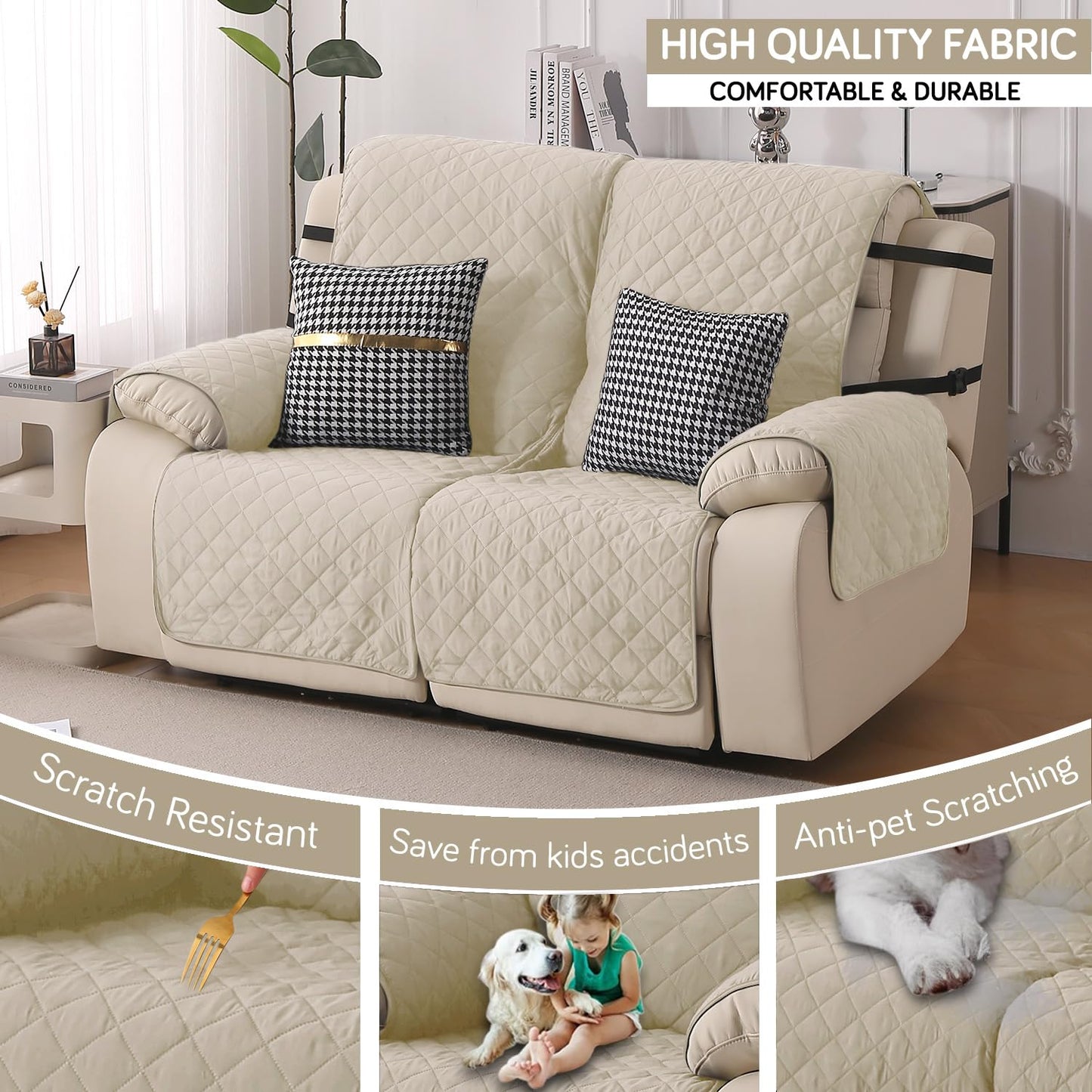 UrbanQuilt Recliner Sofa Slipcover Mat with Dual Belt for 1/2/3 Seater - Cream