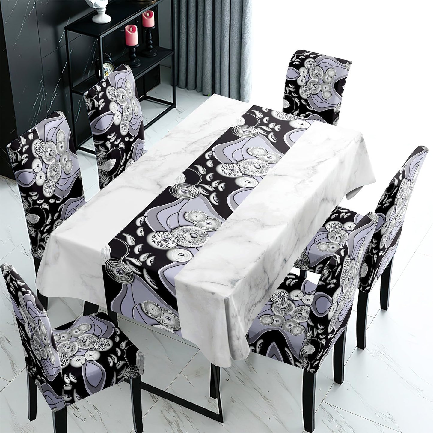 Black Printed Dining Set Cover | 4/6 Seater