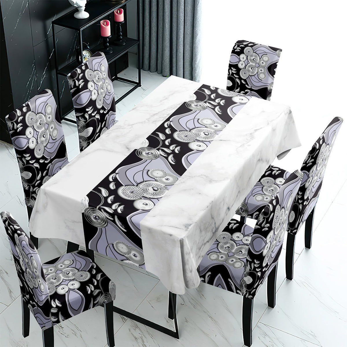 Black Printed Dining Set Cover | 4/6 Seater