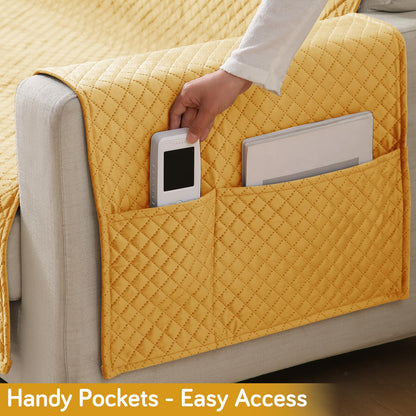 Quilted Velvet Sofa Cover Mat with Side Pockets, Pet Friendly, Mustard Yellow