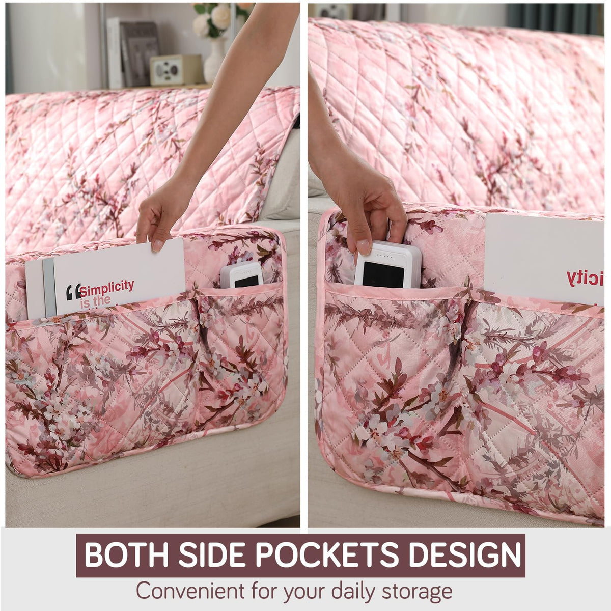 Blossom Flower Pink print Quilted Waterproof Sofa Cover Set | Non Slip with Side Pockets